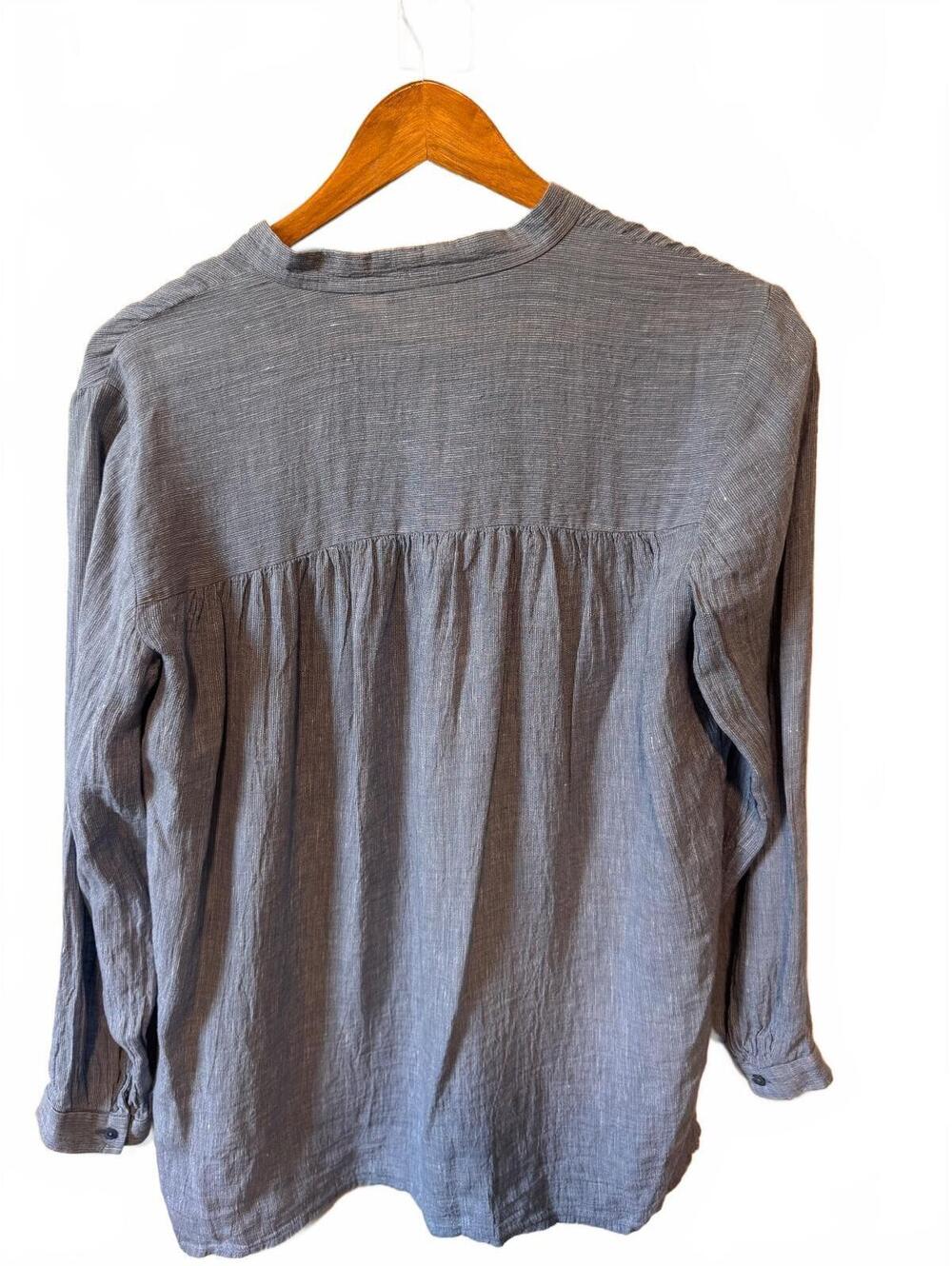 Eileen Fisher | Linen Blend Band Collar Shirt Blue Pinstripe Sz PS Quiet Luxury - Picture 2 of 5